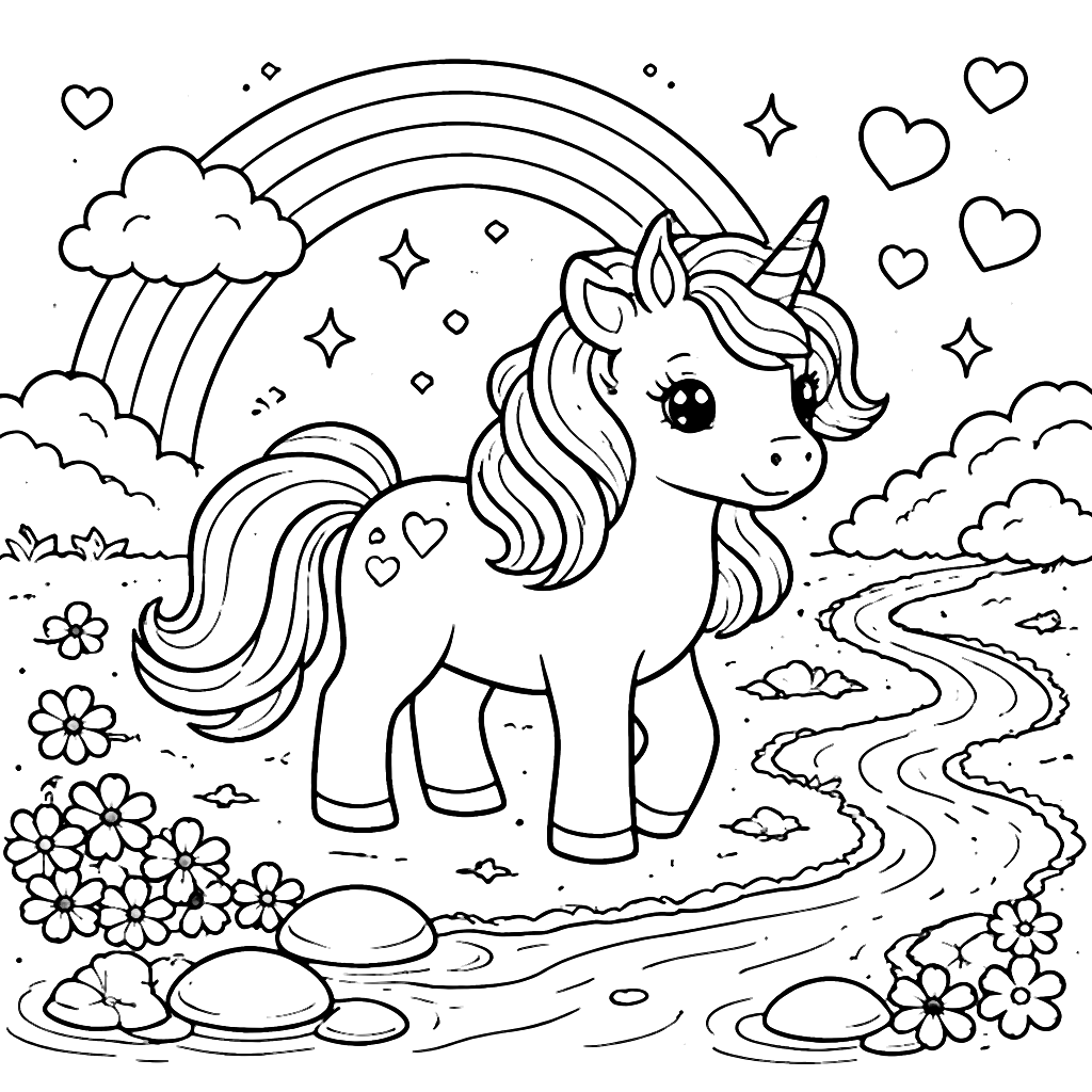Coloring Page of a Magical Unicorn in an Enchanted Meadow