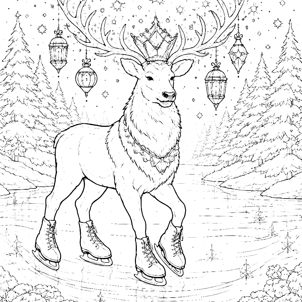 Coloring Page of a Majestic Elk on a Frozen Lake