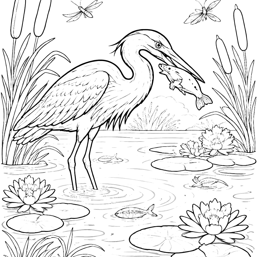 Coloring Page of a Majestic Heron in a Wetland Scene