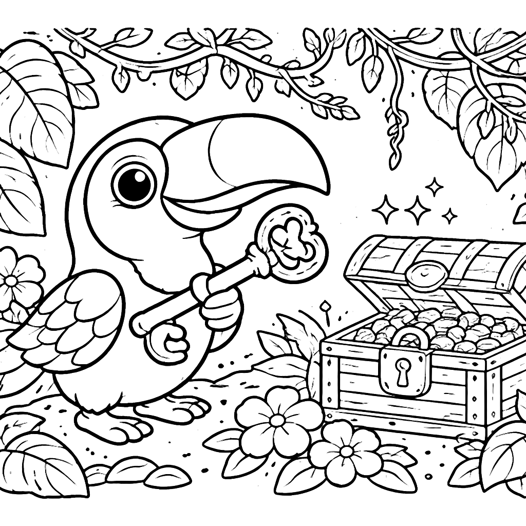 Coloring Page of a Majestic Toucan in a Jungle Setting