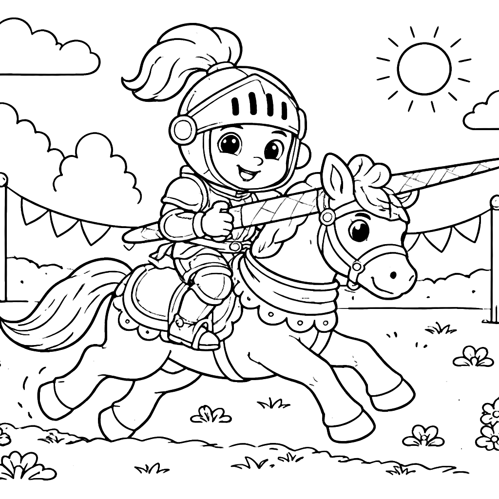 Coloring Page of a Mighty Knight Galloping on a Horse