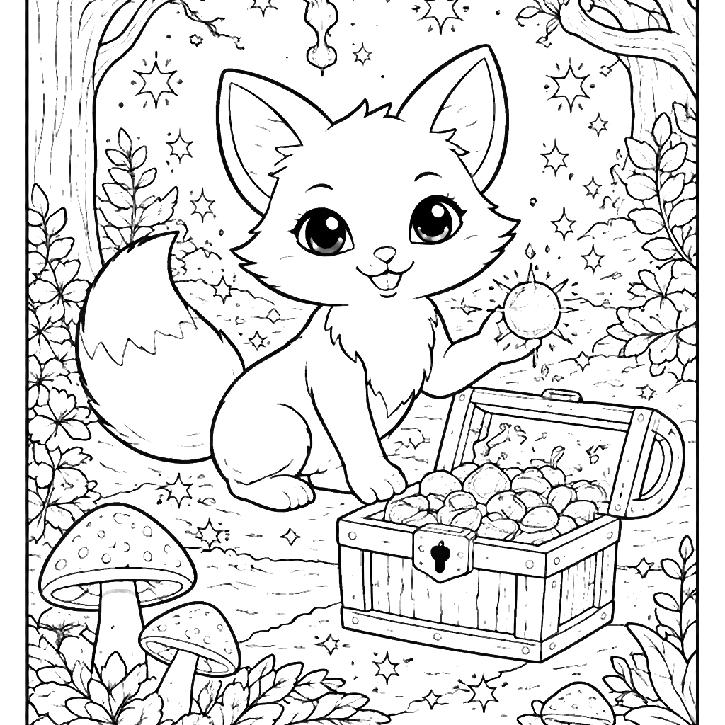 Coloring Page of a Mischievous Fox in an Enchanted Forest