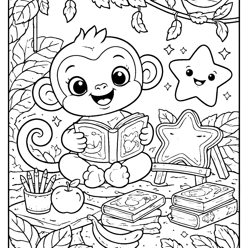 Coloring Page of a Mischievous Monkey in Jungle School