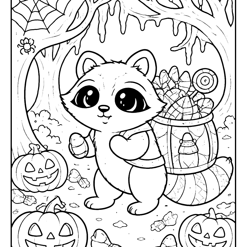Coloring Page of a Mischievous Raccoon in a Spooky Forest