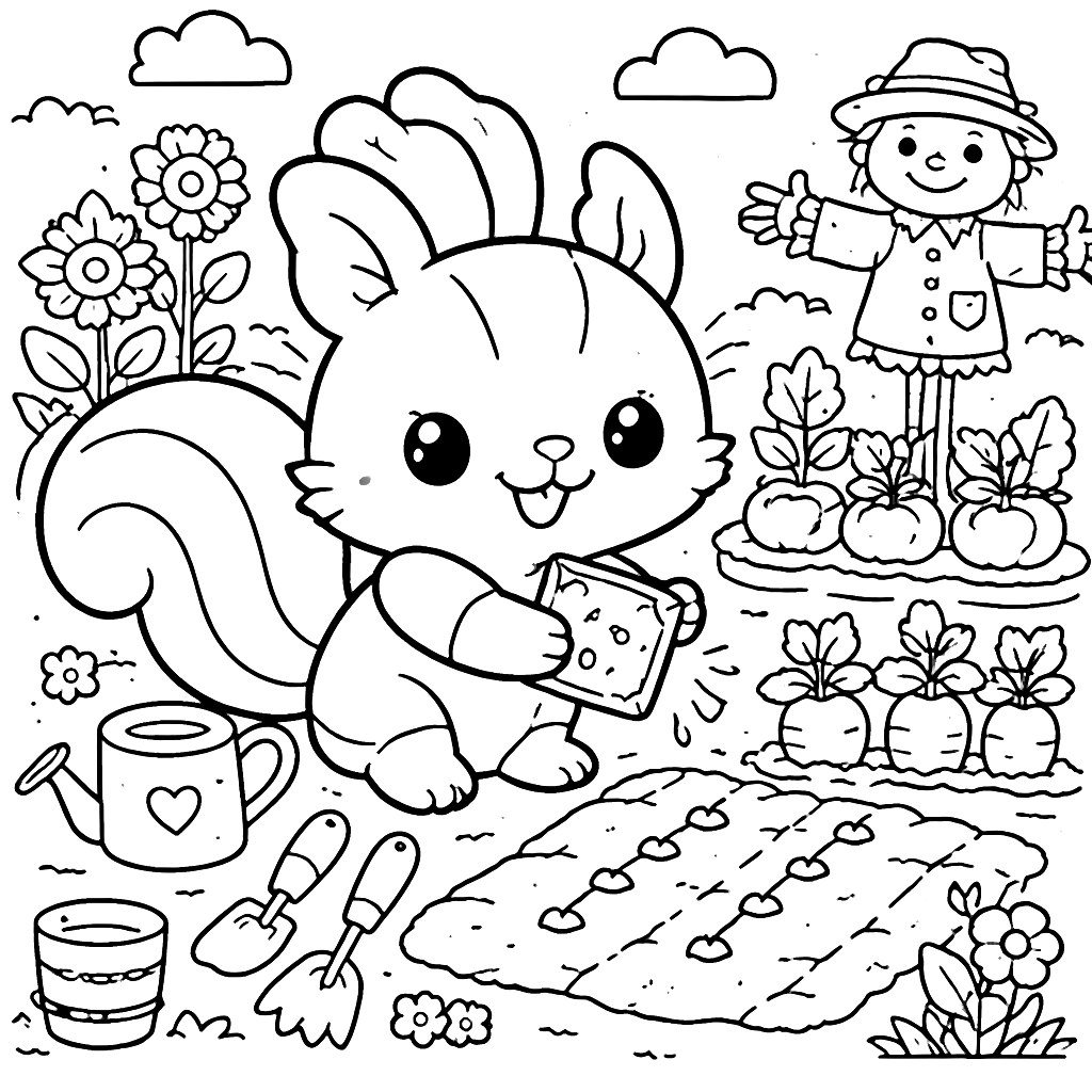 Coloring Page of a Mischievous Squirrel in the Garden