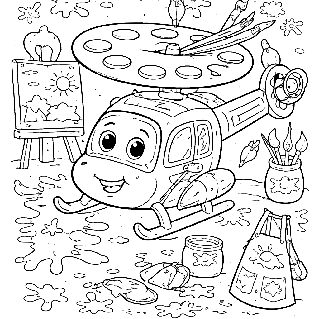 Coloring Page: A Painting-Themed Helicopter Adventure
