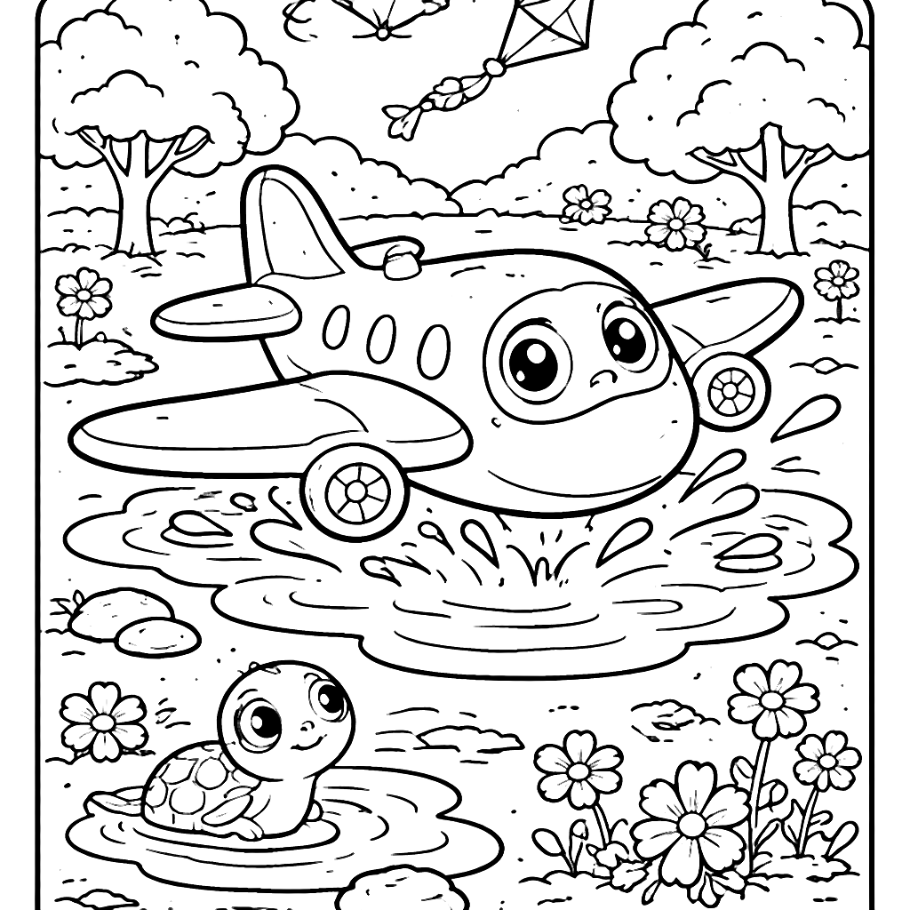 Coloring Page of a Playful Airplane Splashing in Puddles