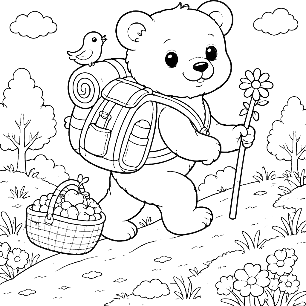 A Playful Bear on a Fun Nature Hike Coloring Page