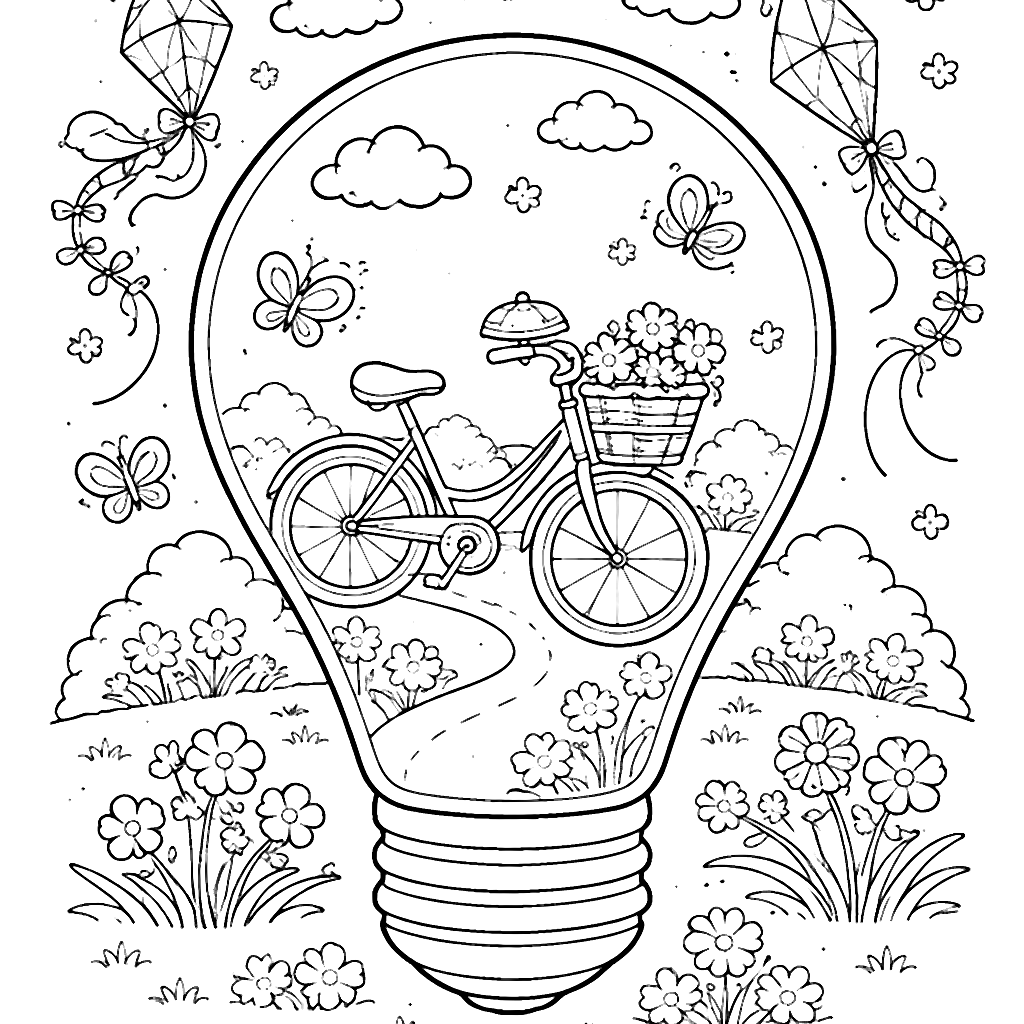Coloring Page of a Playful Bicycle in a Whimsical Park