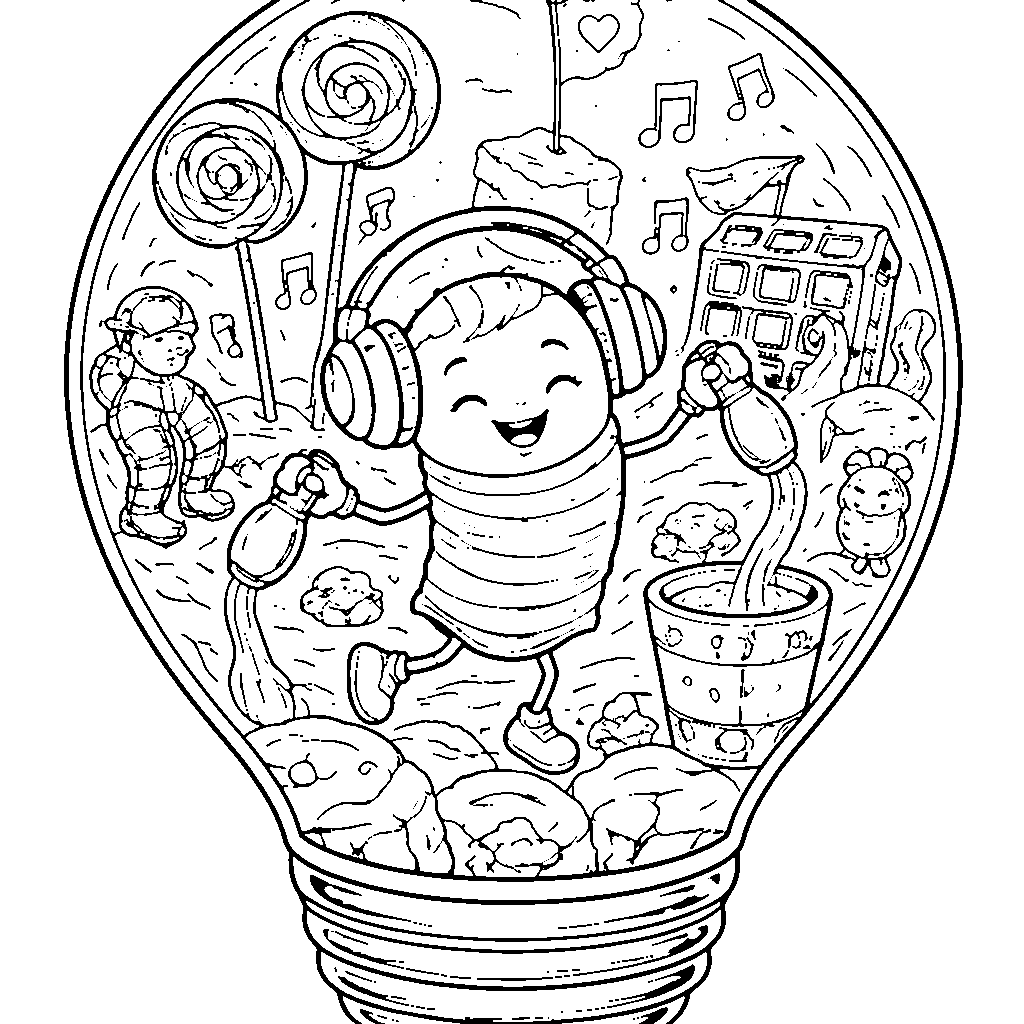 Groovy Candy Character with Headphones Coloring Page
