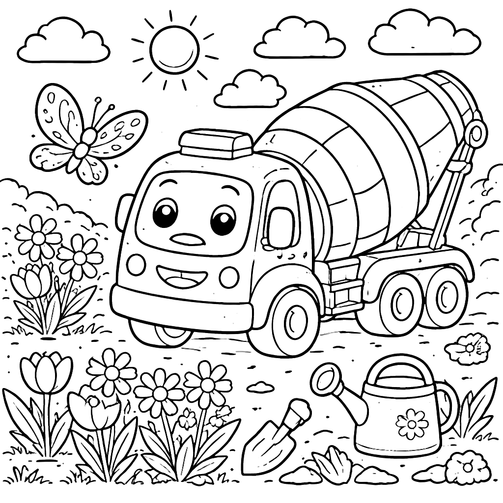 Coloring Page of a Playful Cement Mixer in a Garden