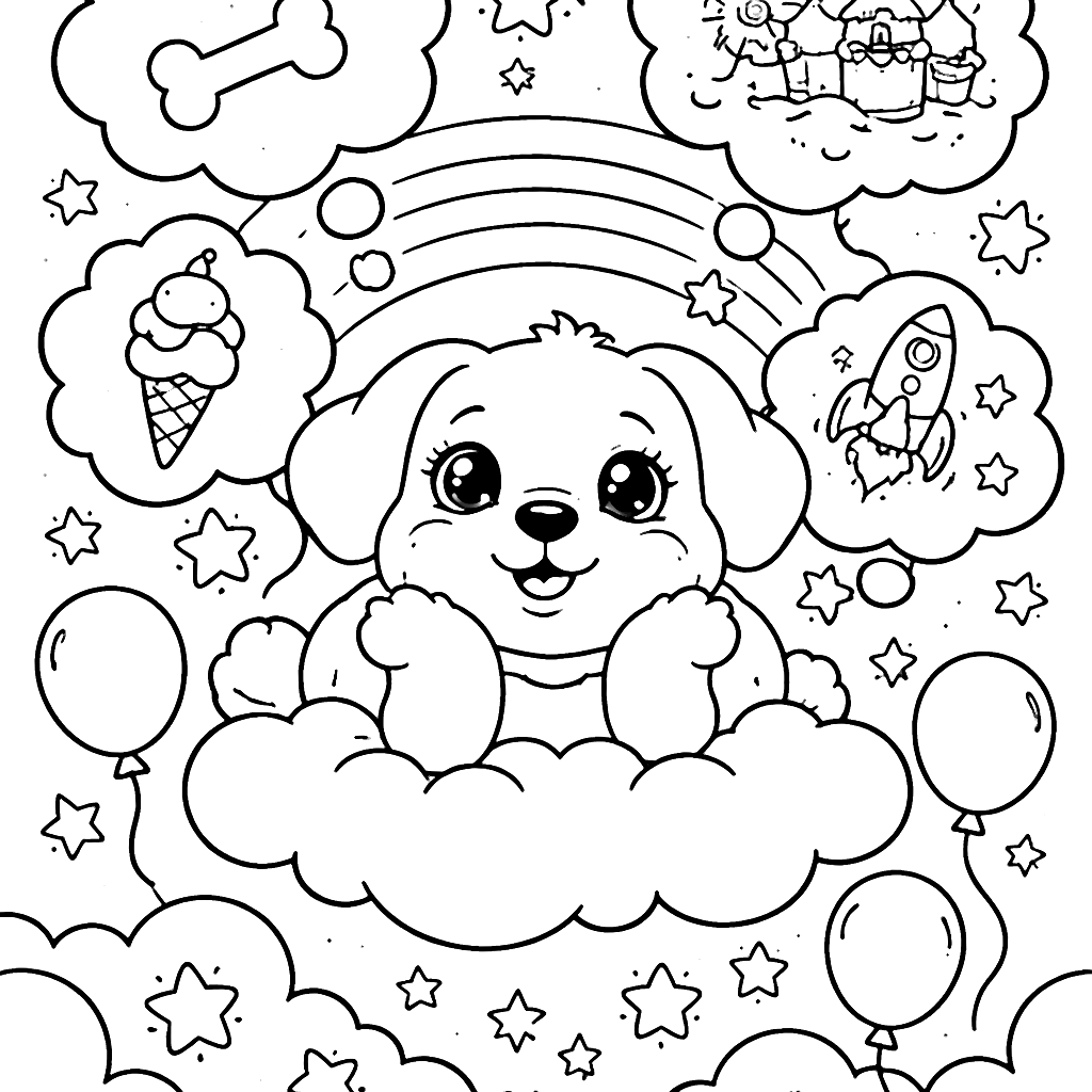 Playful Dog Daydreaming on a Cloud Coloring Page