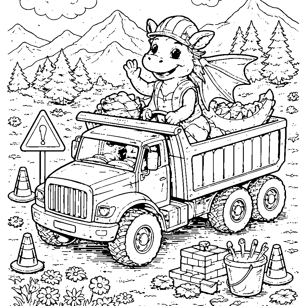 Playful Dragon Driving a Dump Truck