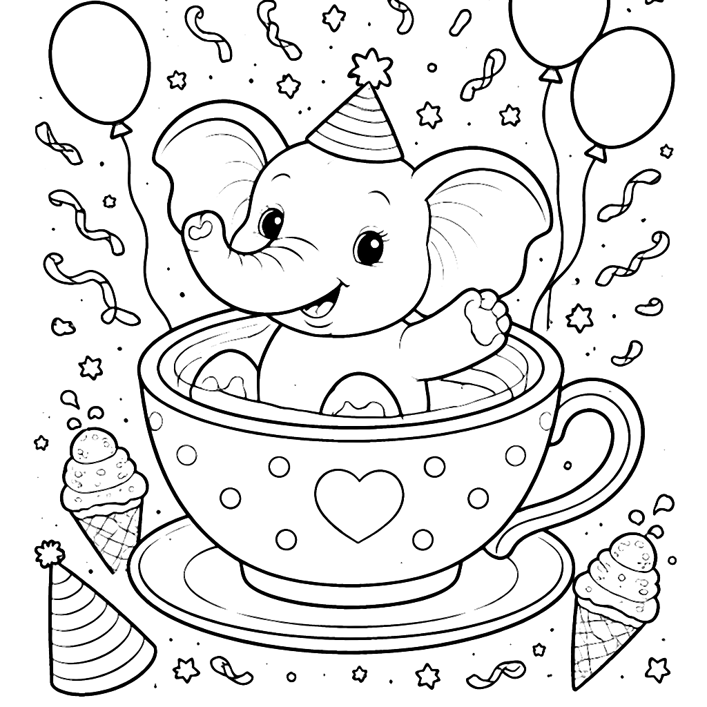Coloring Page of a Playful Elephant in a Teacup