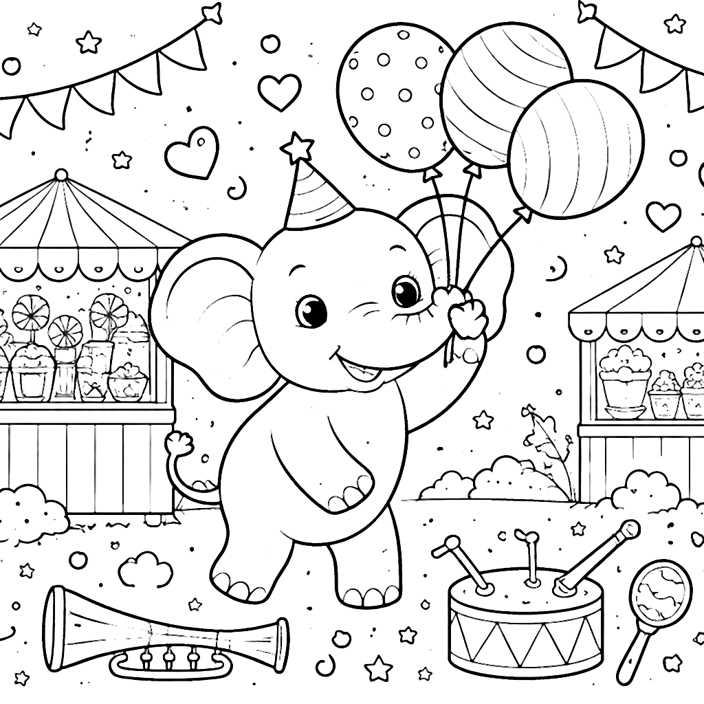 Coloring Page of a Playful Elephant at the Carnival