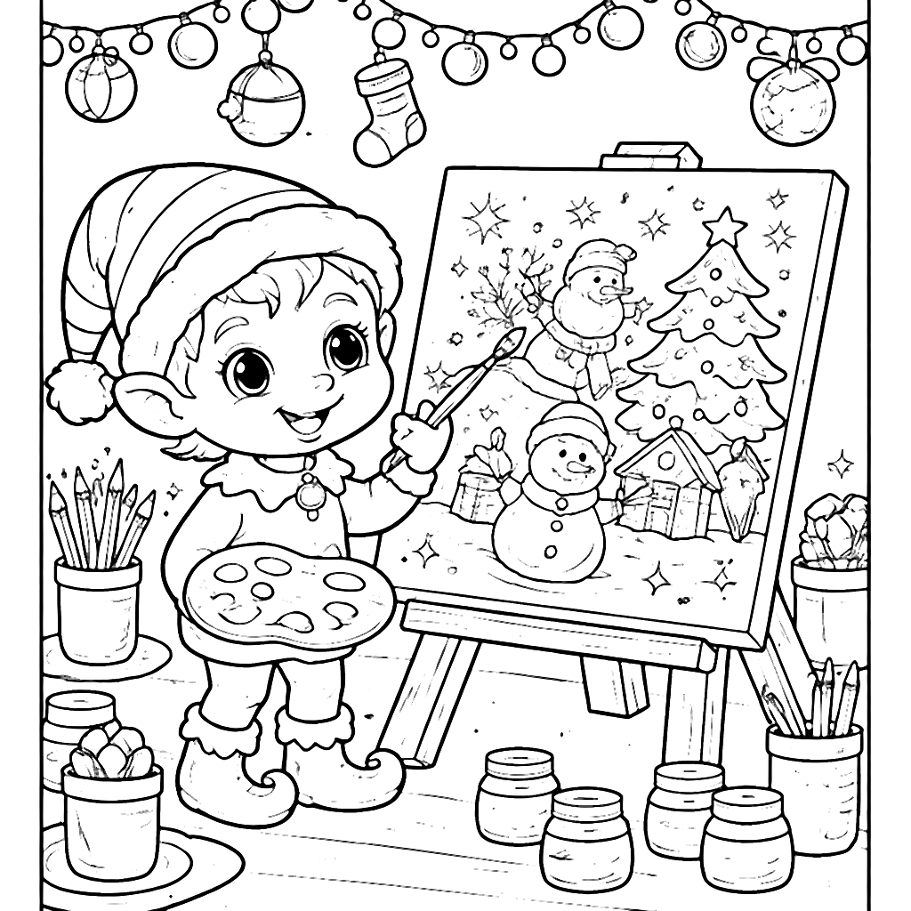 A Playful Elf Painting a Picture Coloring Page