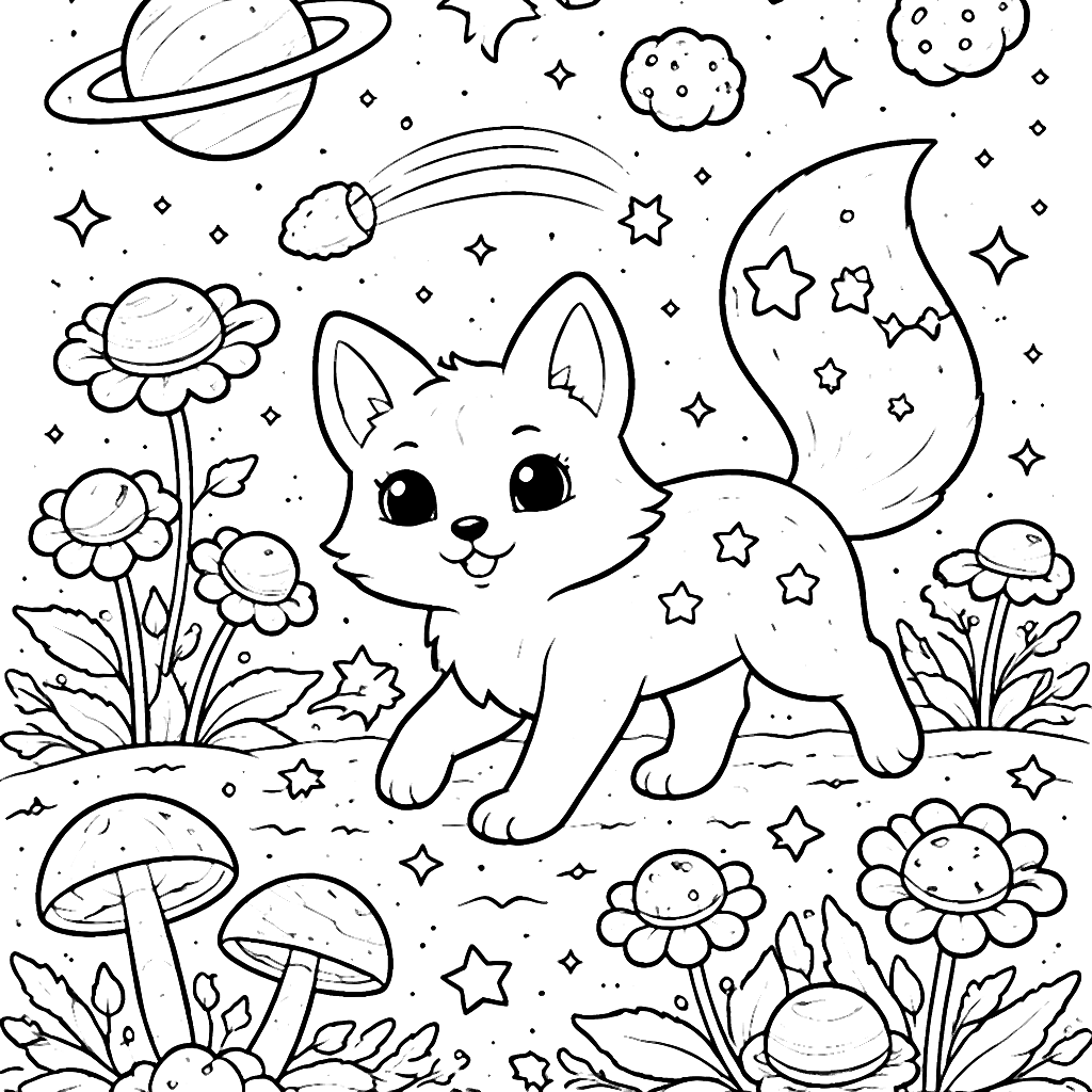 Coloring Page of a Playful Fox in a Cosmic Meadow