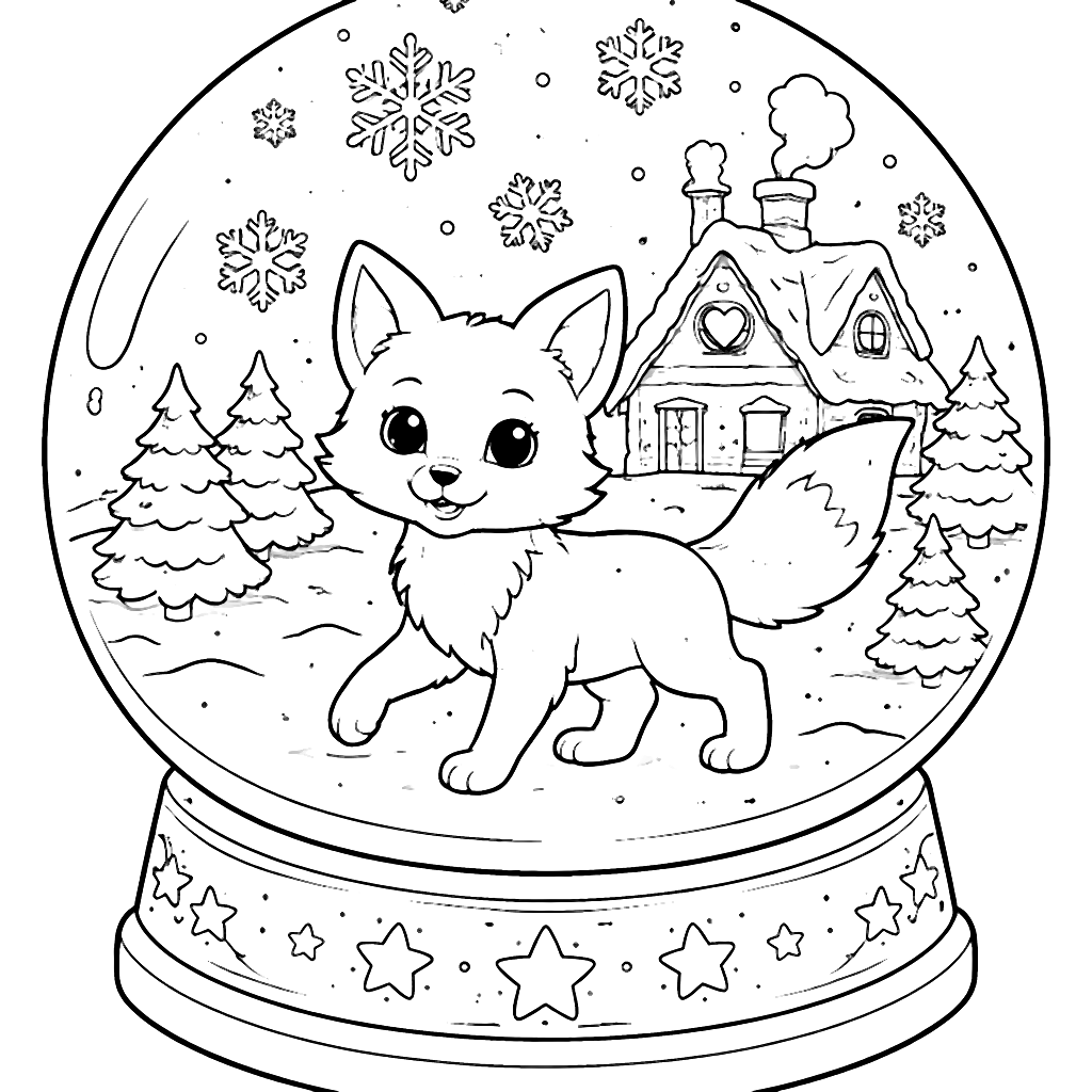 Coloring Page of a Playful Fox in a Snow Globe