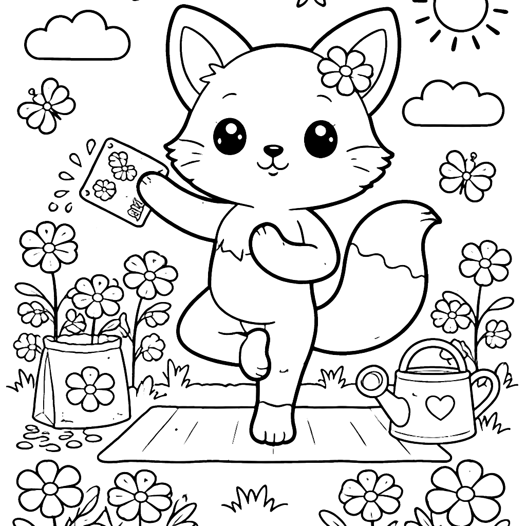 Coloring Page of a Playful Fox Doing Yoga in the Garden