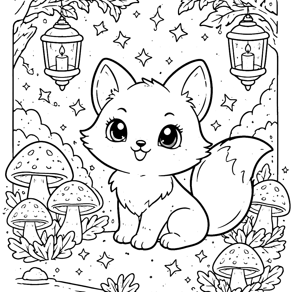 Coloring Page of a Playful Fox in a Mystical Forest