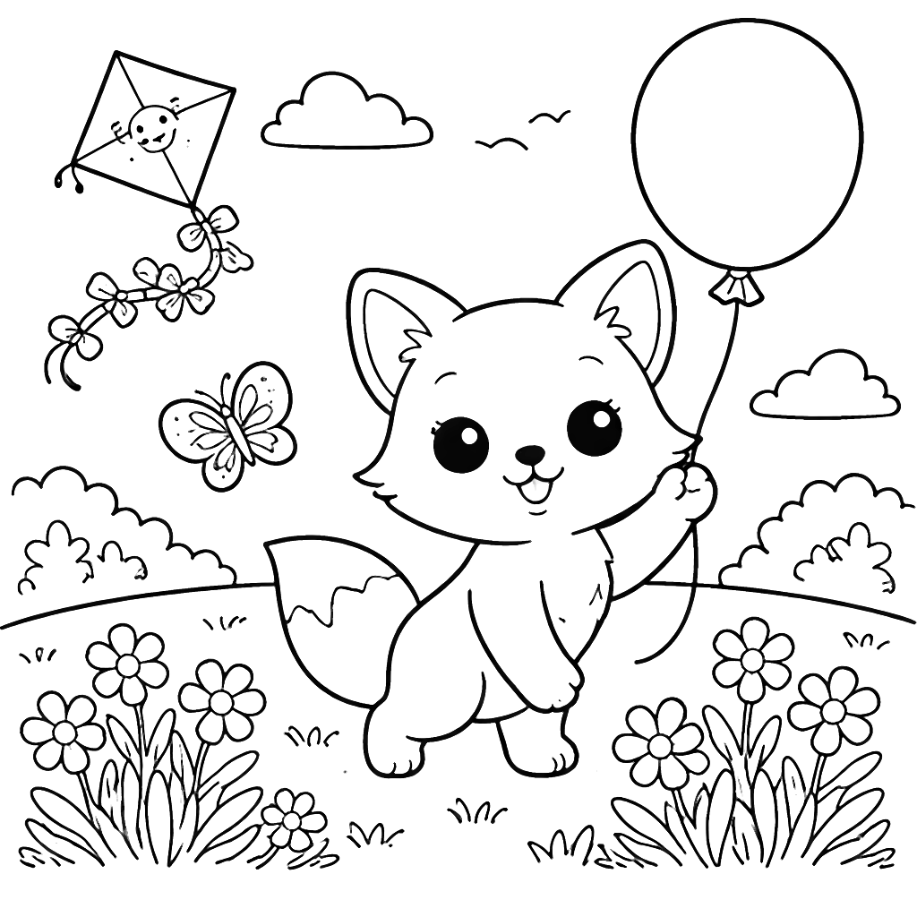 A Playful Fox with a Balloon Coloring Page