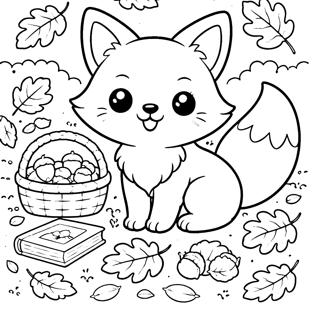 Coloring Page of a Playful Fox in Autumn Leaves