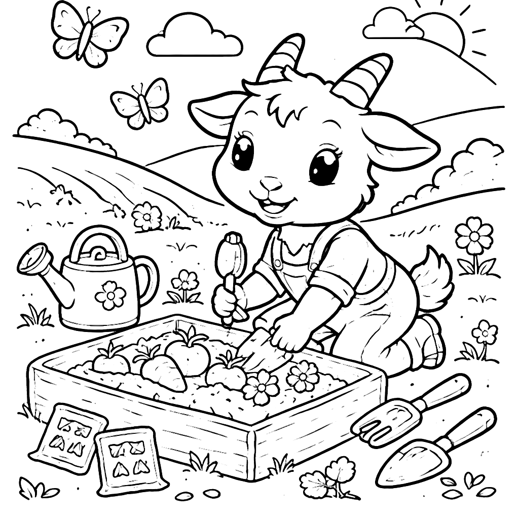 Coloring Page of a Playful Goat in a Tiny Garden