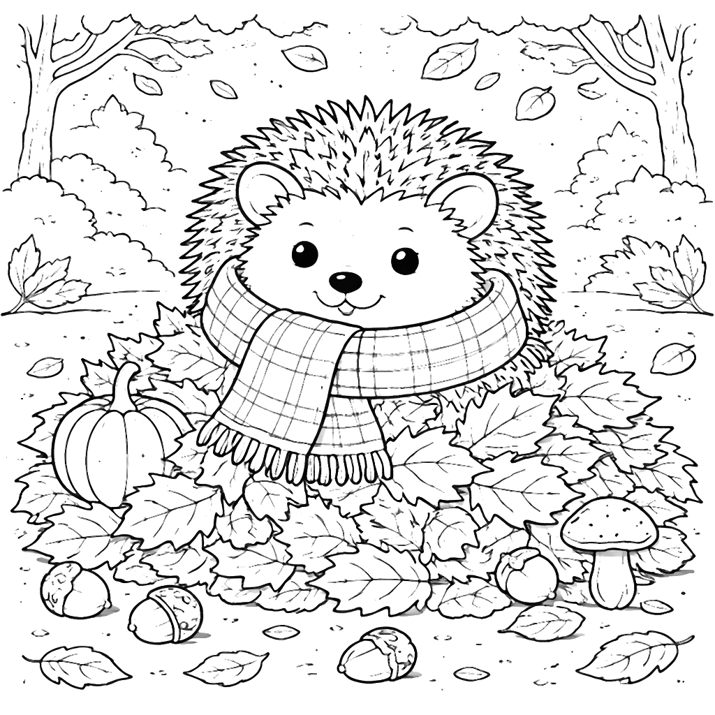 Coloring Page of a Playful Hedgehog in Autumn Leaves