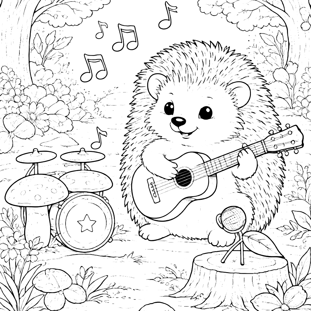 Coloring Page of a Playful Hedgehog with Tiny Guitar