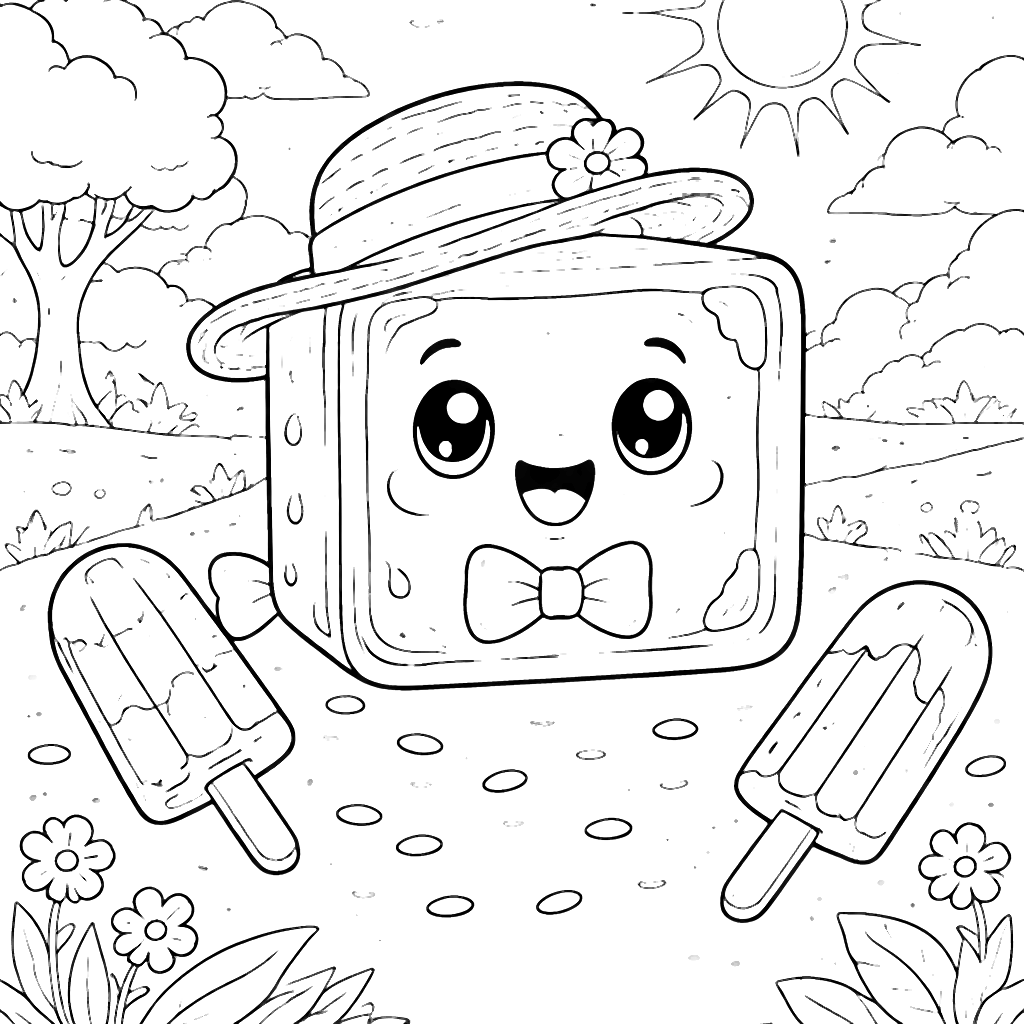 Coloring Page of a Playful Ice Cube in the Park
