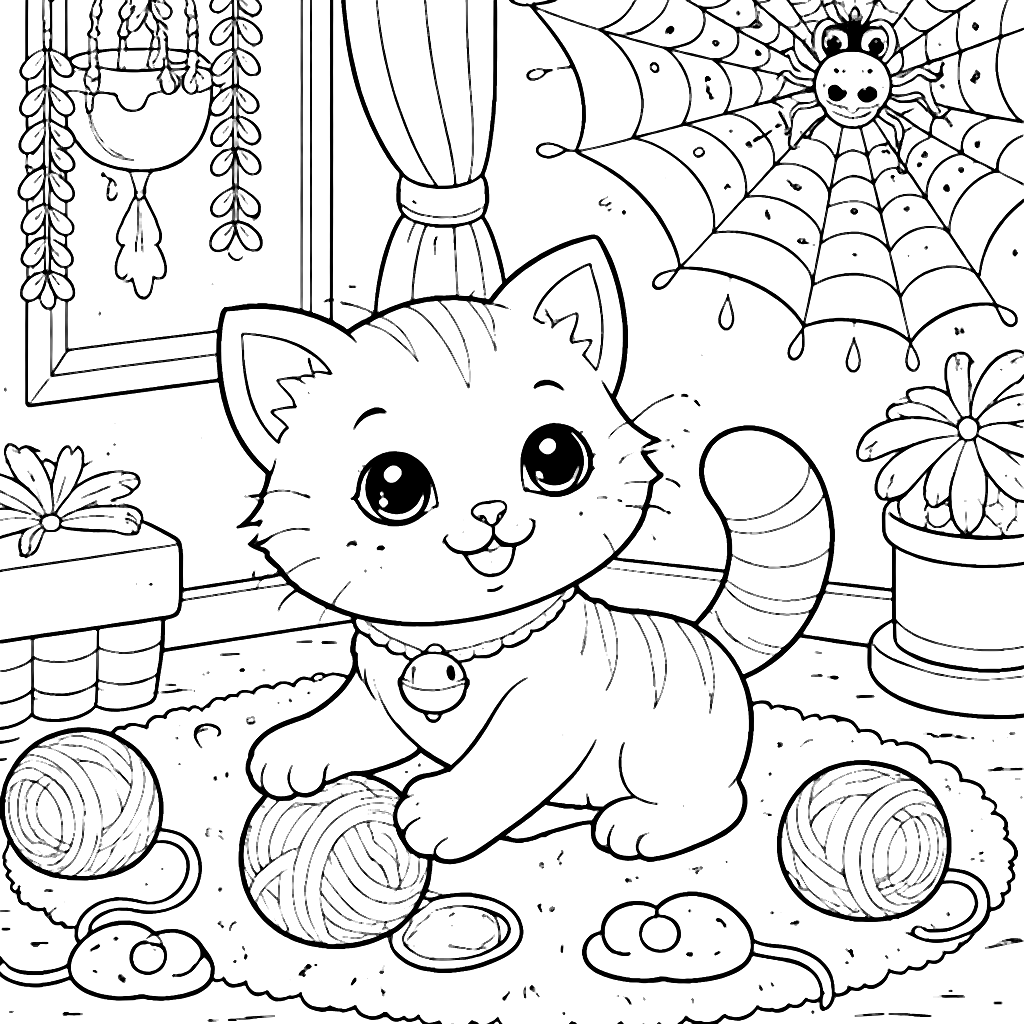 Coloring Page of a Playful Kitten with a Spider Friend