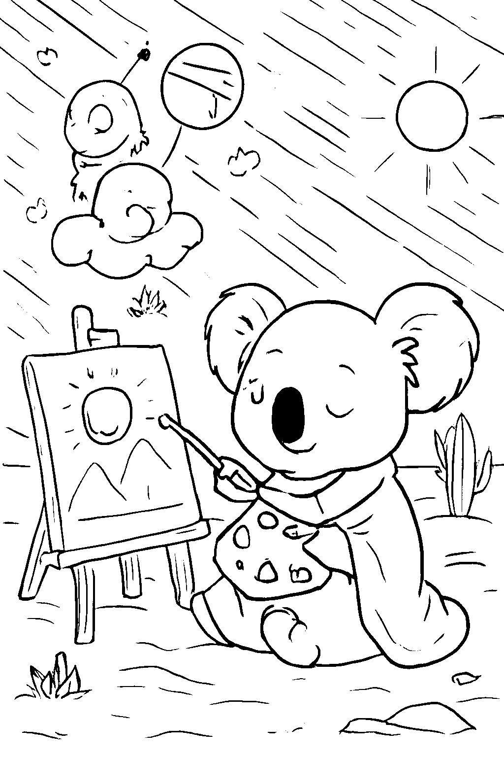 Coloring Page of a Playful Koala in a Treehouse