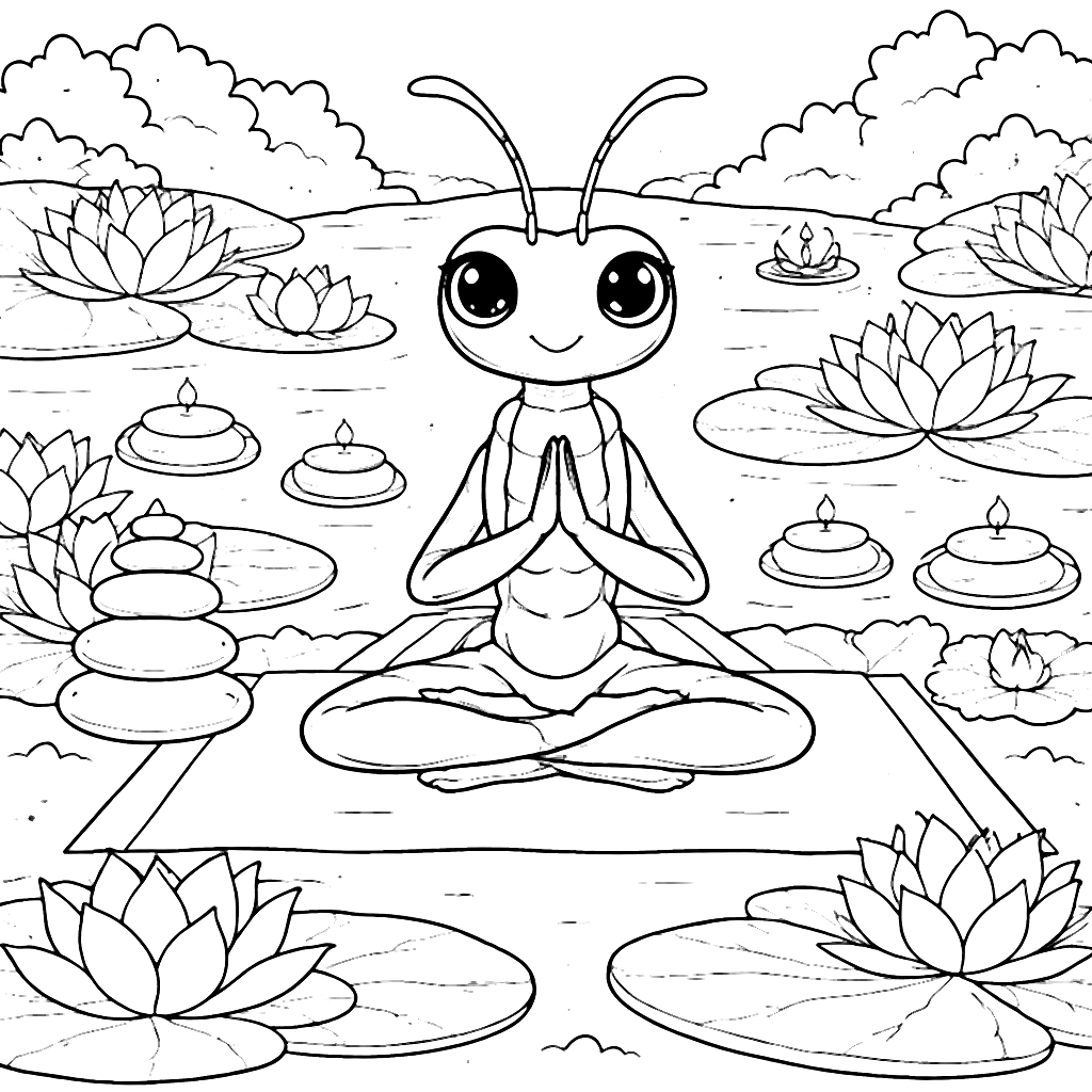 Coloring Page of a Playful Mantis Doing Yoga