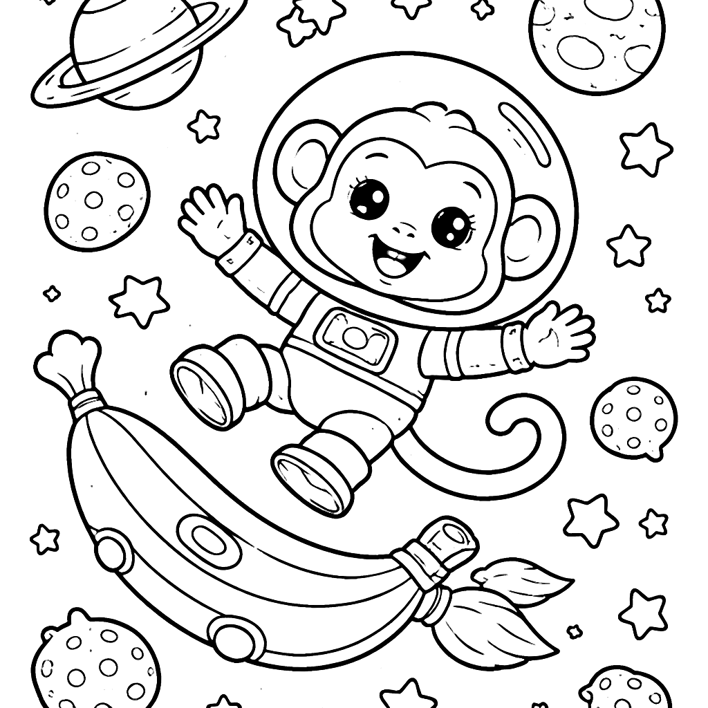 Fun Coloring Page of a Playful Monkey in Space