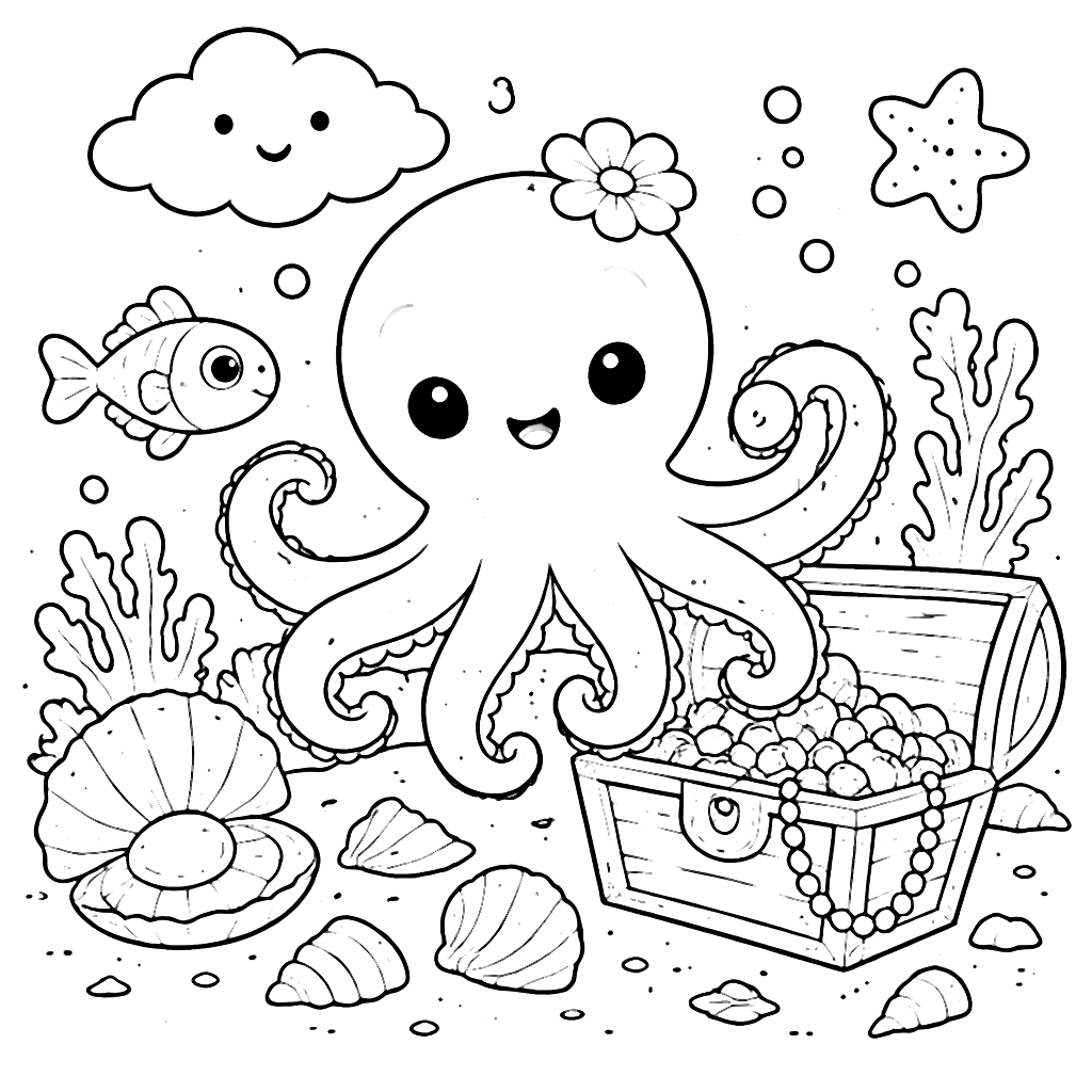 Coloring Page of a Playful Octopus with Friends