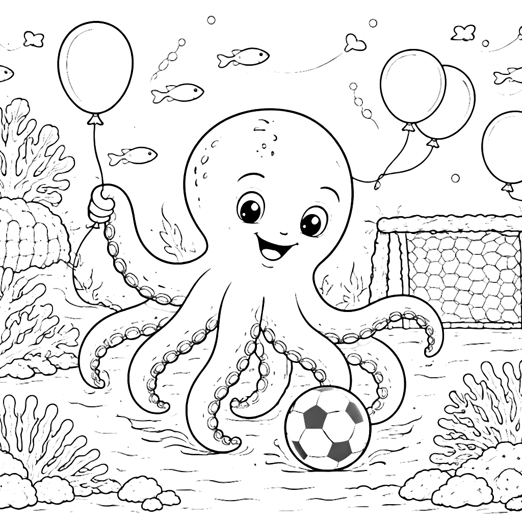Coloring Page of a Playful Octopus with a Balloon