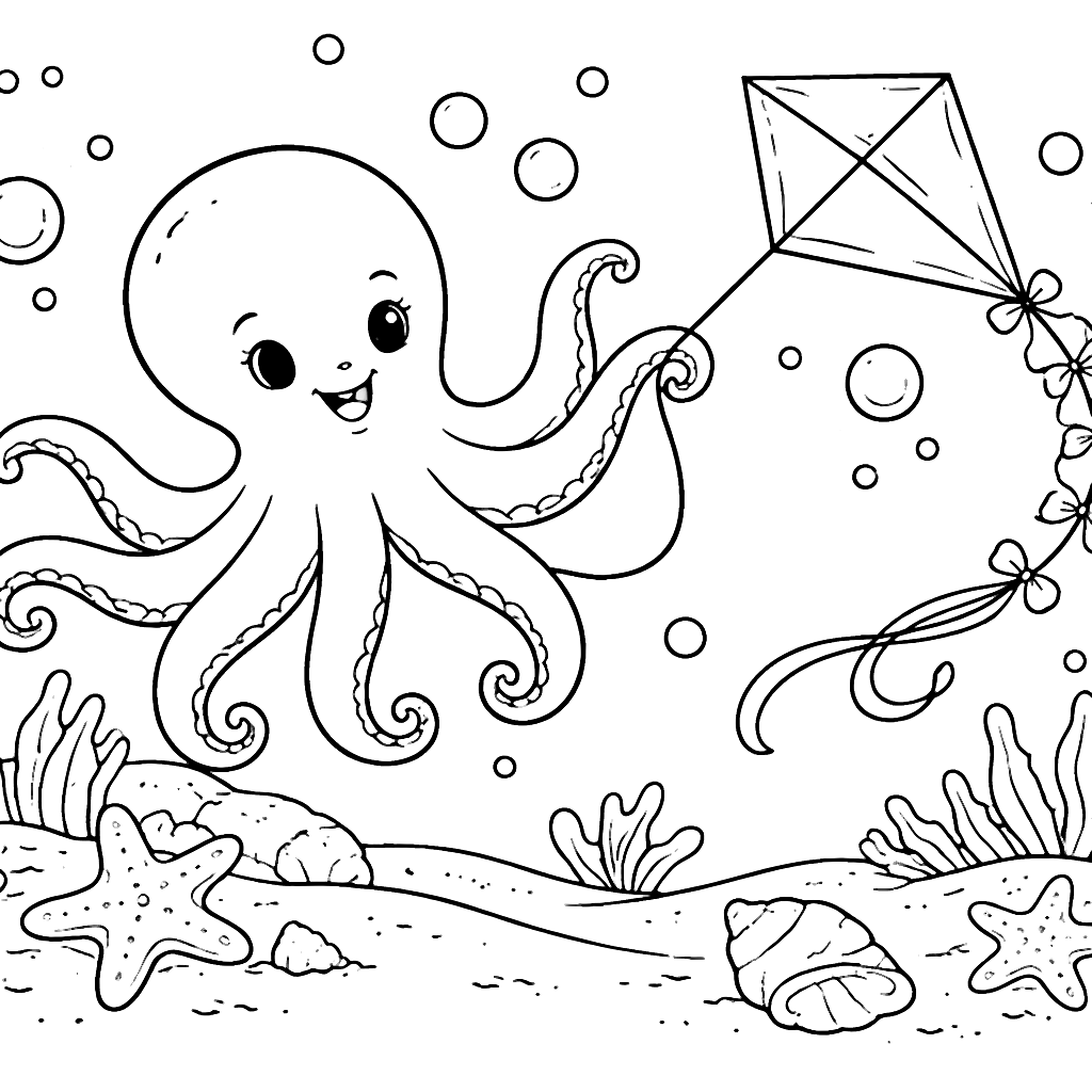 Colorful Playful Octopus Flying a Kite - Preschool Coloring Page