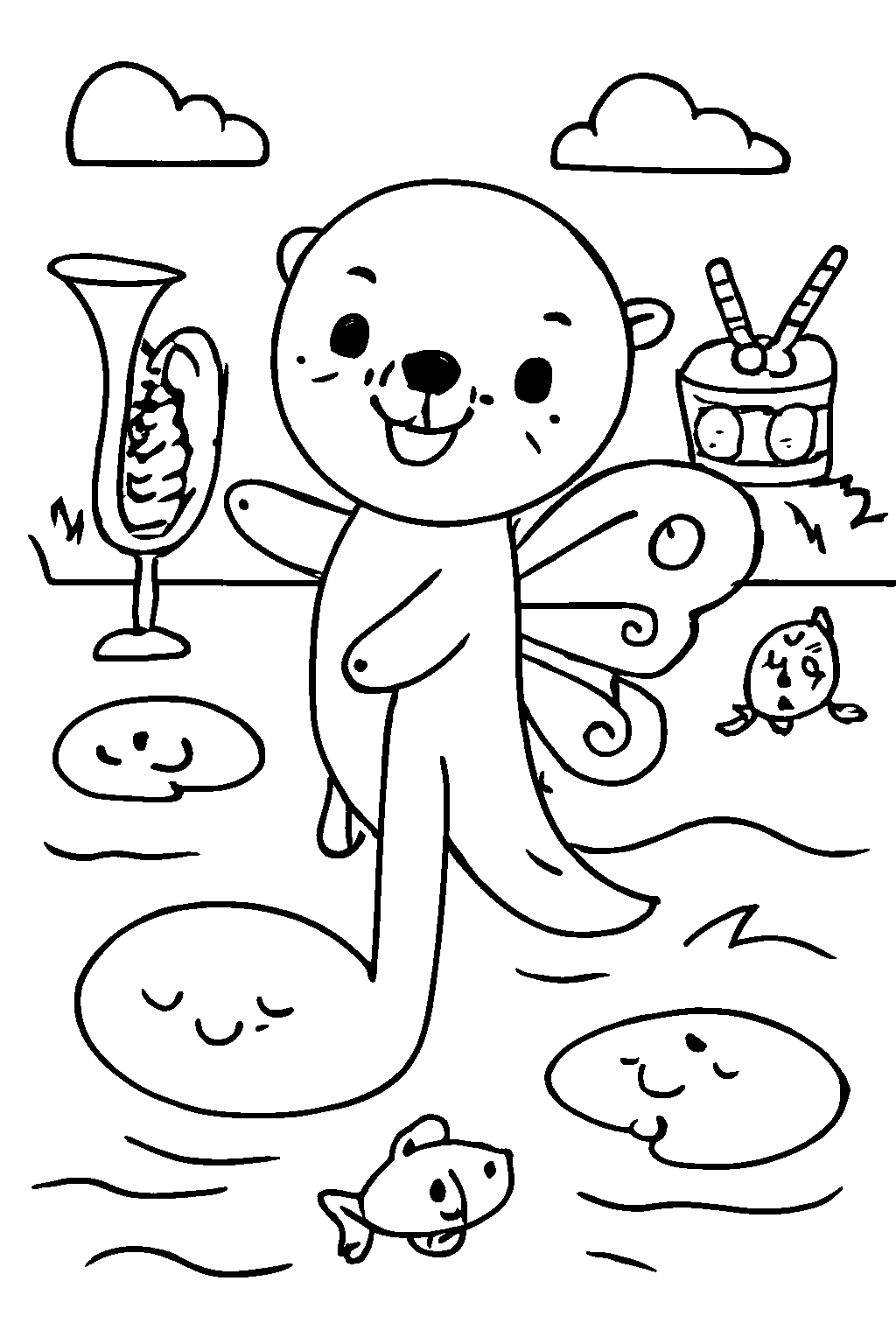 Coloring Page of a Playful Otter in a Serene Pond