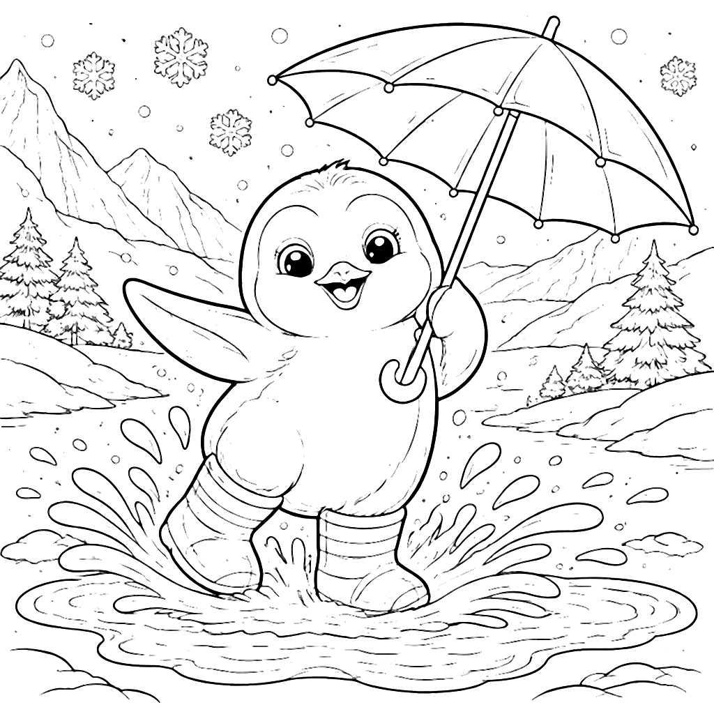 Coloring Page of a Playful Penguin in a Snowy Scene
