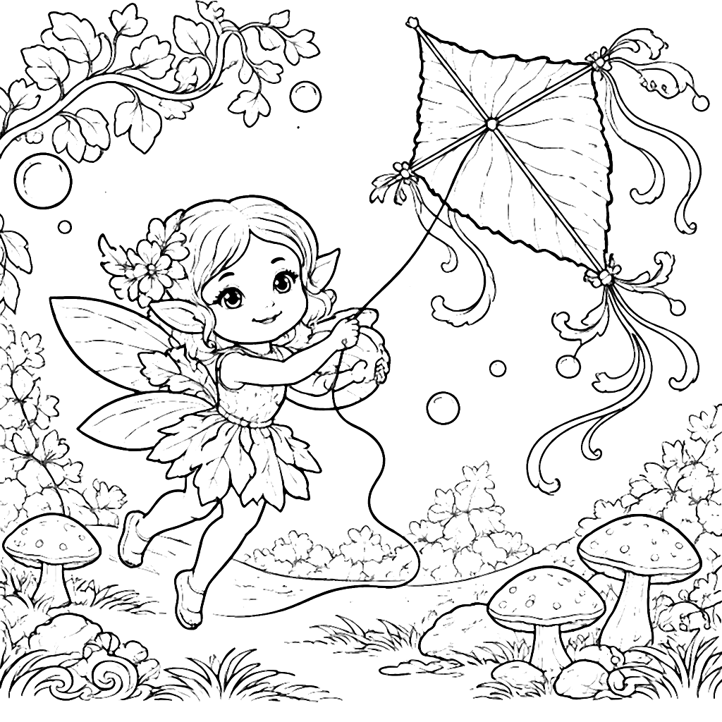 Coloring Page of a Playful Pixie in a Magical Forest