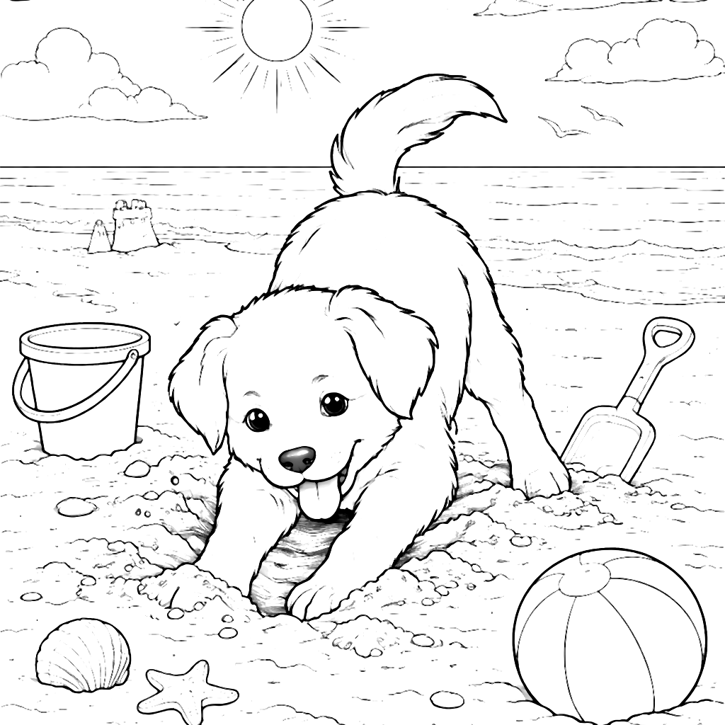 Coloring Page of a Playful Puppy at the Beach