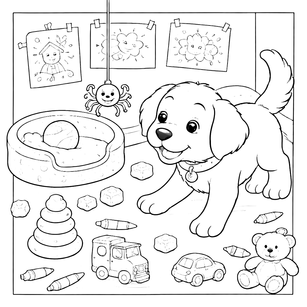 Coloring Page of a Playful Puppy in a Fun Playroom