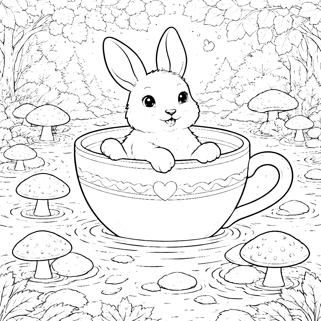 Coloring Page of a Playful Rabbit in a Teacup