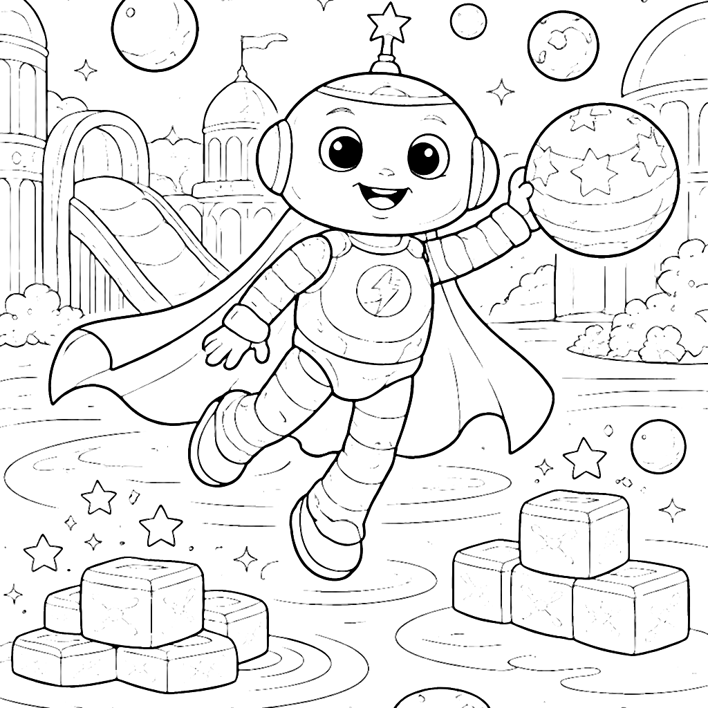 Coloring Page of a Playful Robot in a Futuristic Playground