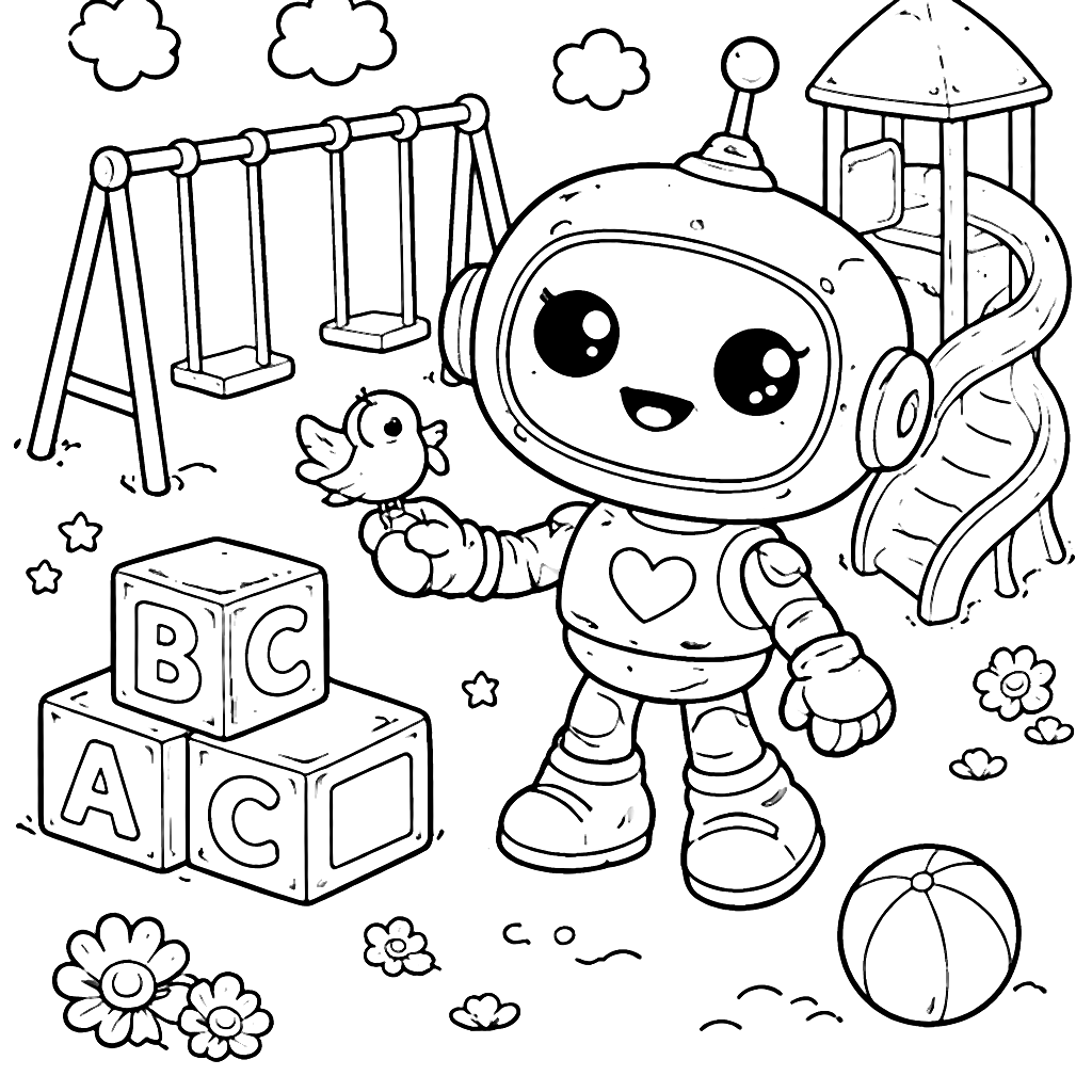 Coloring Page of a Playful Robot in a Whimsical Playground