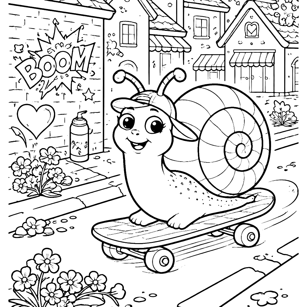 Coloring Page of a Playful Snail on a Skateboard