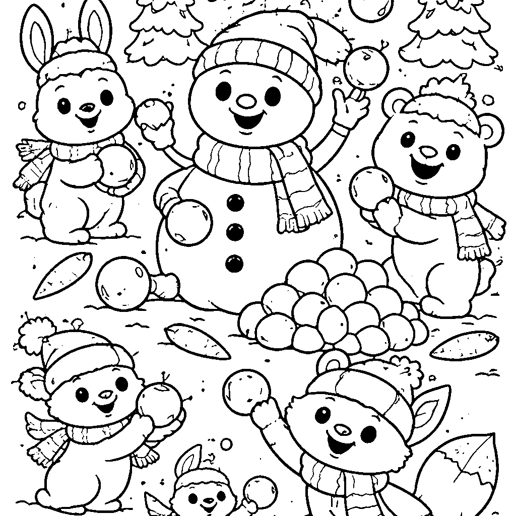 Playful Snowman Snowball Fight Coloring Page