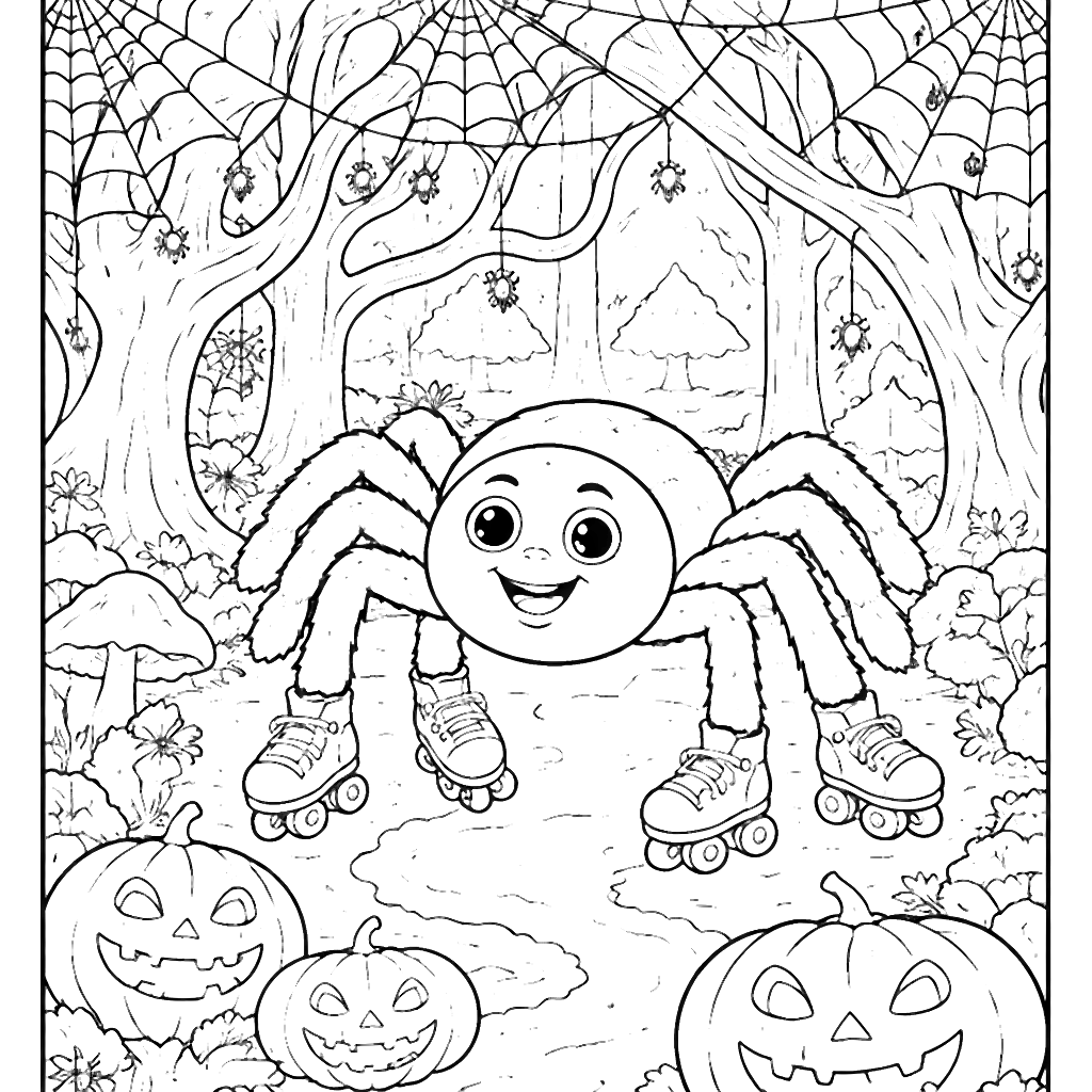 Coloring Page of a Playful Spider in a Spooky Forest