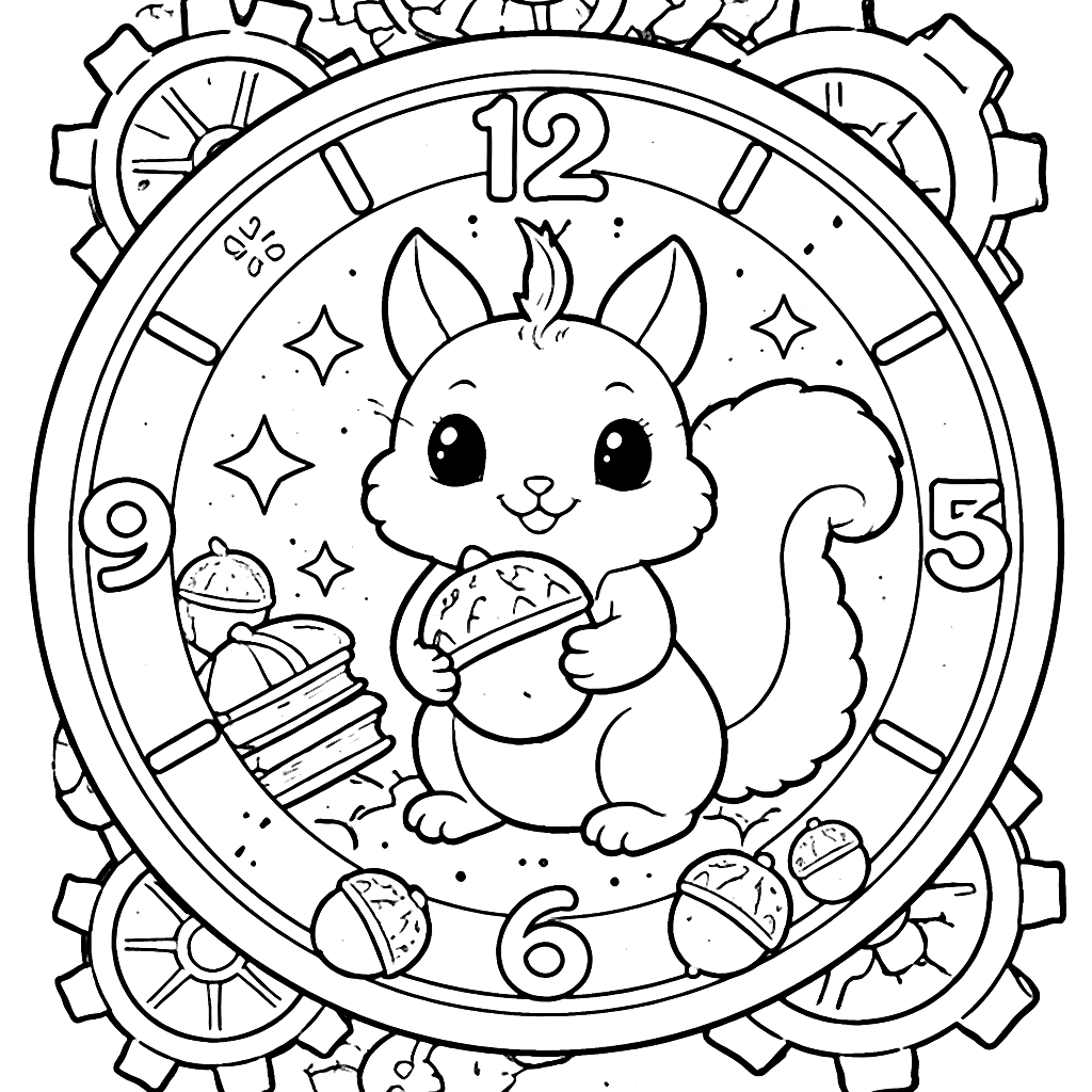 Coloring Page of a Playful Squirrel Inside a Clock