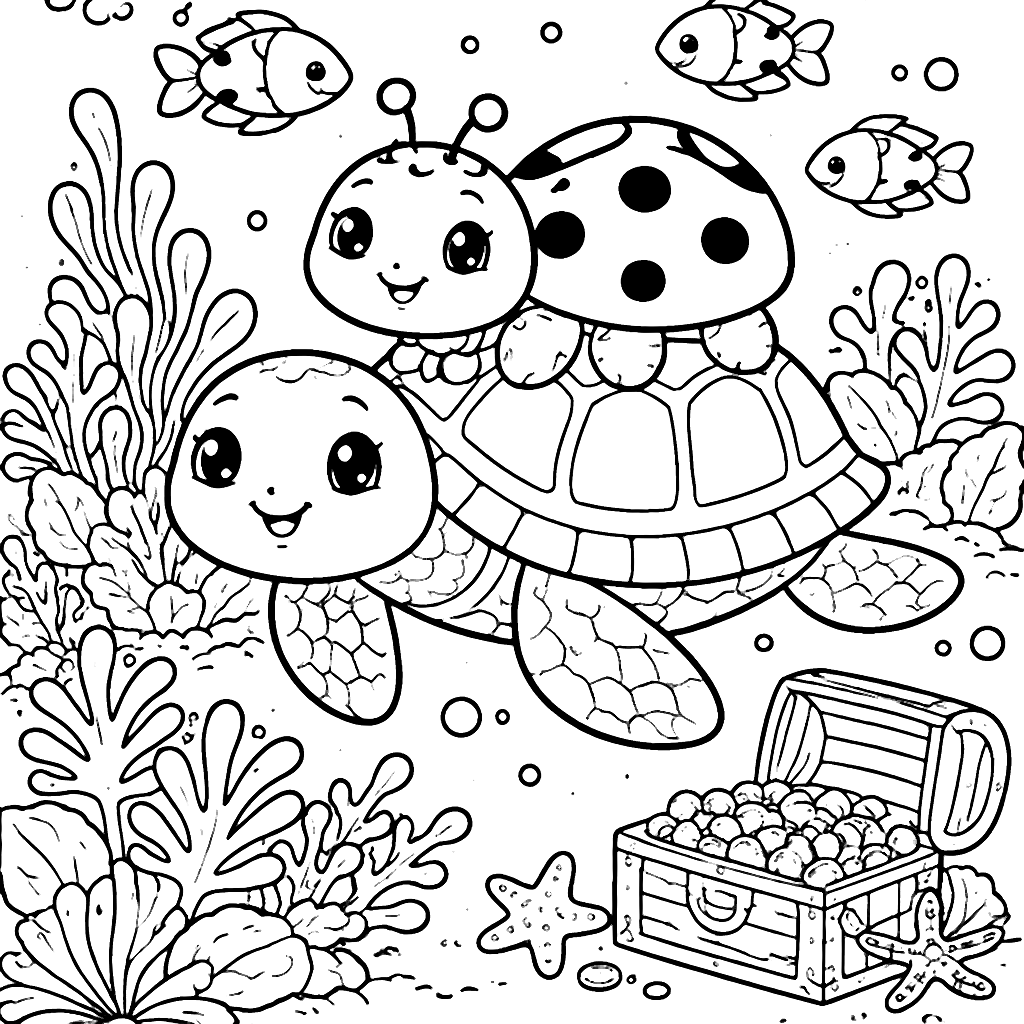 Coloring Page of a Playful Turtle in an Underwater Garden